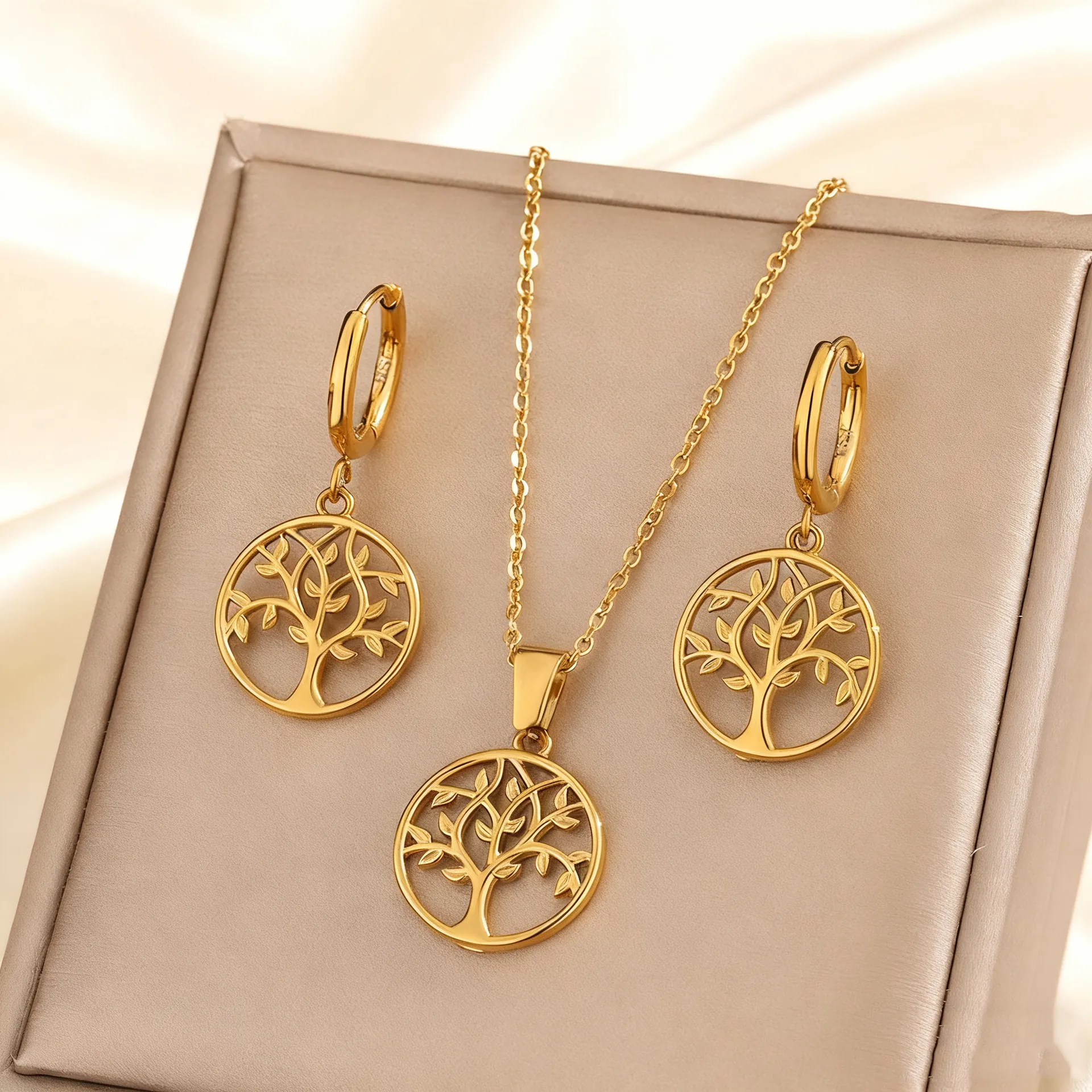 Collana E Orecchini In Acciaio Inossidabile Albero Della Vita Per Donna Placcato Oro Argento Pendente Tondo Gioielli
