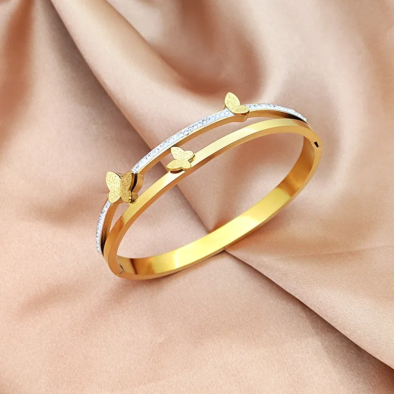 Minimalist Titanium Steel Double Layer Bangle With Frosted Butterfly Charms Rhinestone Inlaid Open Bracelet For Women Jewelry