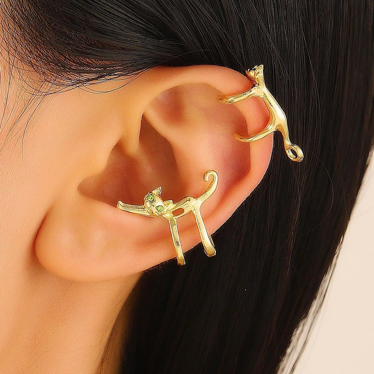 Cat Shape Ear Cuff Alloy Leopard Animal Clip On Earrings No Piercing Green Rhinestone Eyes Punk Hip Hop Jewelry For Women