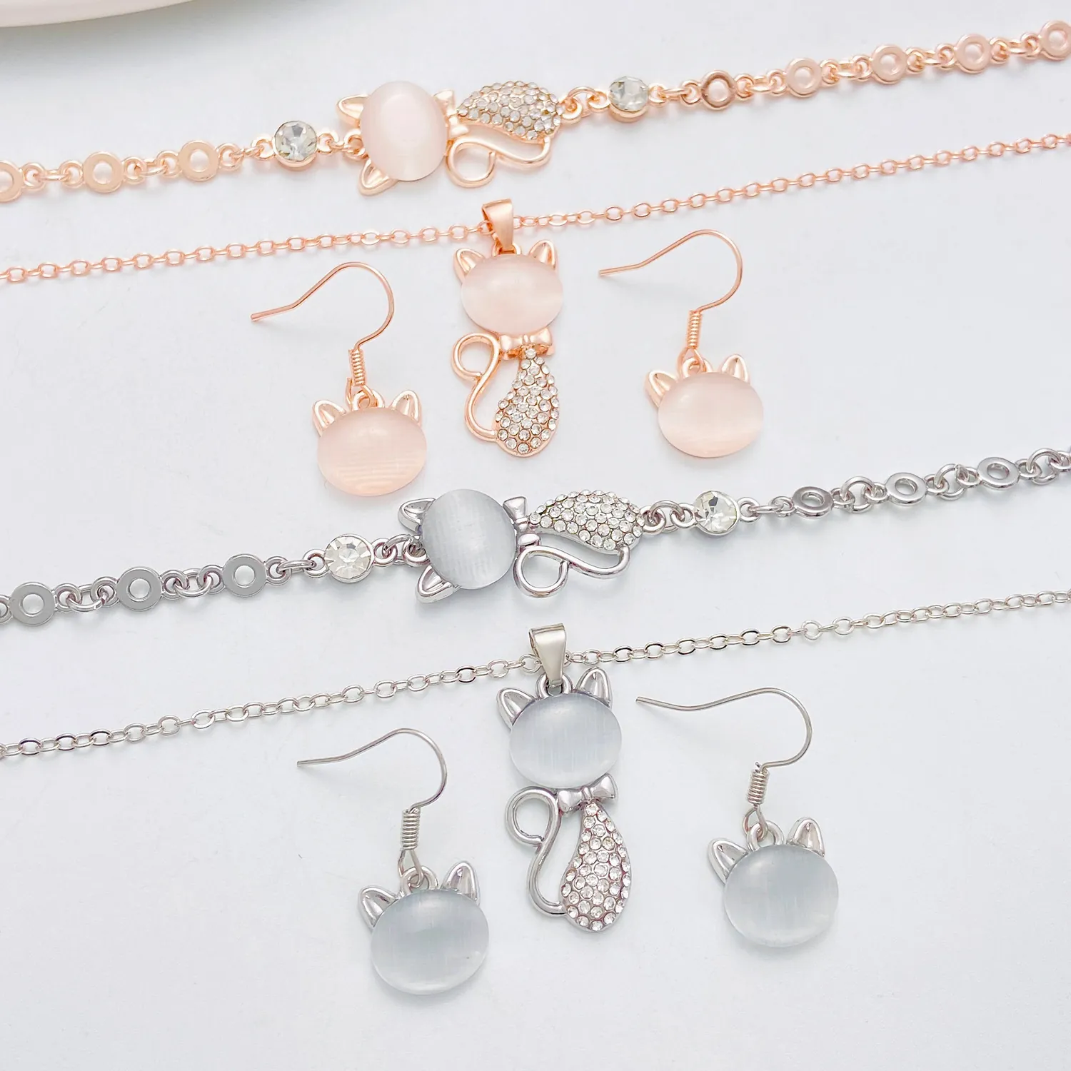 Cute Cat Jewelry Combination Alloy Artificial Cat Eye Stone Rhinestone Necklace Earrings Bracelet For Women Rose Gold Silver Plated Animal Pendant Accessory