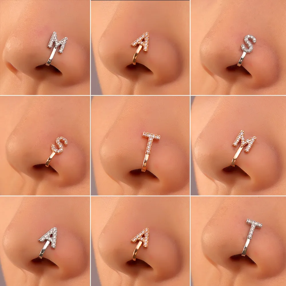 Non-Piercing Copper U-Shaped Nose Cuff With Zirconia Inlaid 26 English Alphabet Letters Gold Silver Fake Nose Rings Jewelry