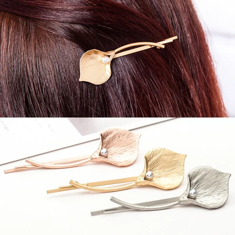 Metal Calla Lily Flower Hair Clip With Artificial Pearl Elegant Matte Gold Silver Side Hairpin Women Fashion Hair Accessory Gift