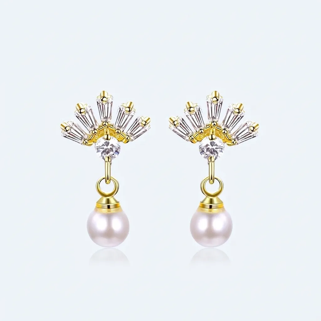 Boucles D'oreilles Pendantes Künstliche Perle Couronne Avec Tige En Argent Sterling 925 Plaqué Or Zircon Incrusté Bijoux Élégants Pour Femmes