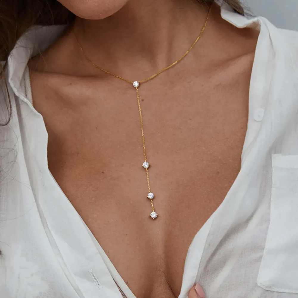 Women's Fashion Y-Shape Lariat Necklace Alloy Copper Zirconia Pave Rhinestone Tassel Necklace Elegant Evening Party Jewelry Gift