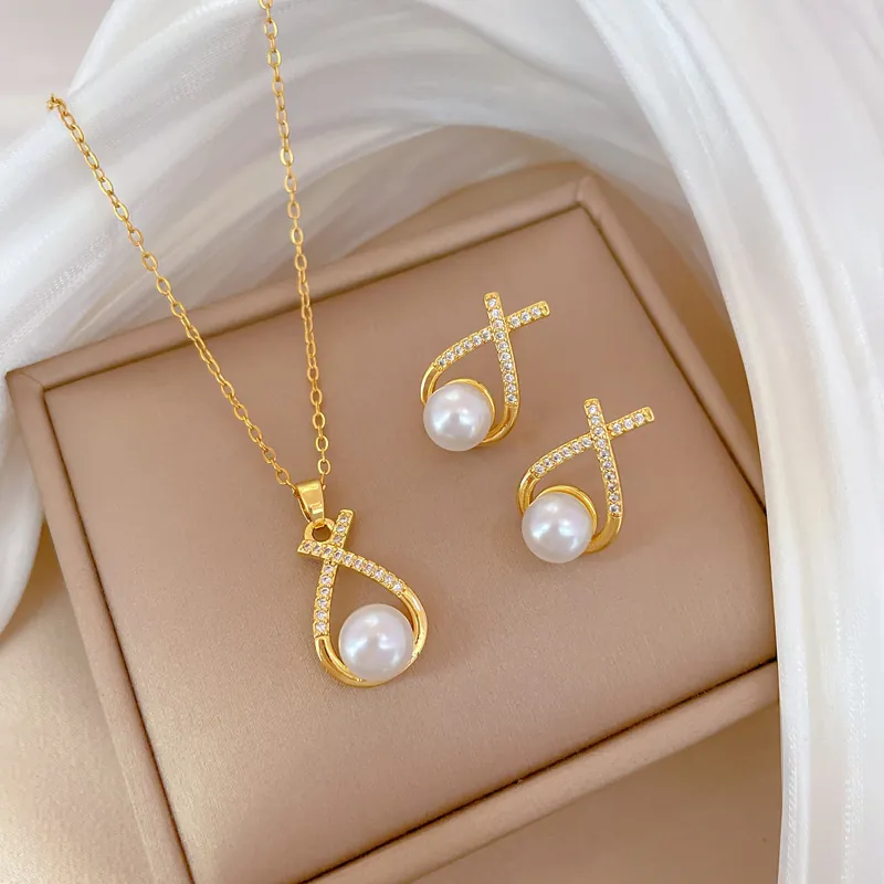 Titanium Steel Necklace And Earrings Jewelry With Artificial Pearl Cross Teardrop Zircon Silver Earring Post For Women Banquet Wedding