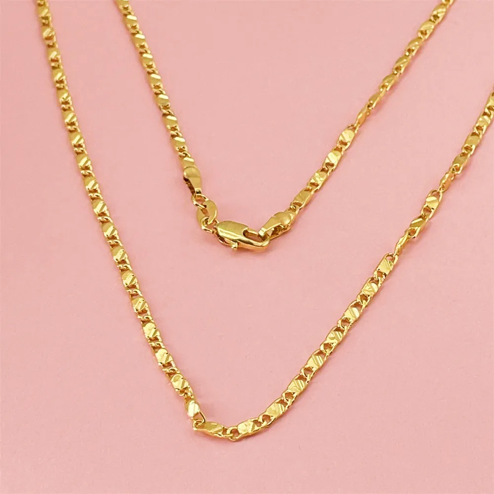 18K Gold Plated Copper 2mm Flat Geometric Link Chain Necklace For Men Women Minimalist Fashion Neck Jewelry With Lobster Clasp