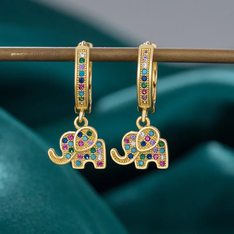Orecchini A Cerchio Con Elefante Rame Placcato Oro E Zirconia Cubica Colorata Gioielli Vintage Da Donna