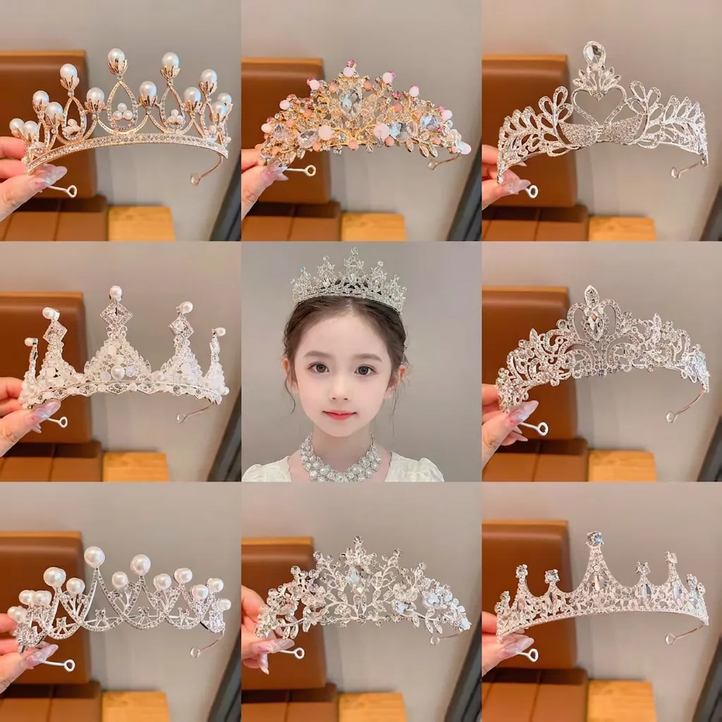 Diadème Couronne de Princesse en Cristal pour Filles Strass Künstliche Perle Mariage Fête d'Anniversaire Accessoires Cheveux Or Argent