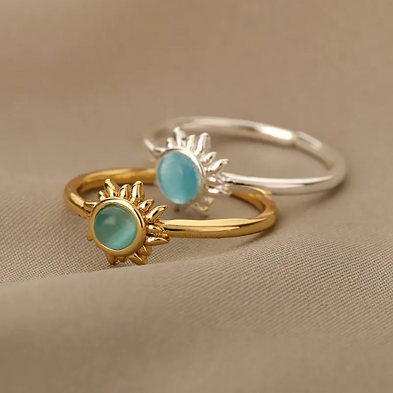 Vintage Copper Sunflower Cat's Eye Open Ring Gold Silver Plated Sunburst Adjustable Finger Ring Bohemian Jewelry For Women