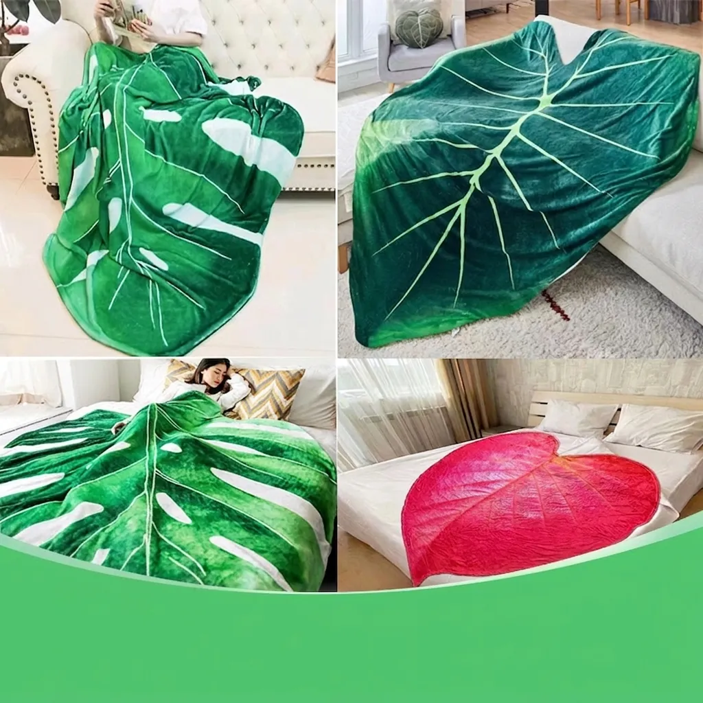 Creative Leaf Shaped Flannel Blanket Monstera Alocasia Pattern Warm Soft Throw Blanket For Sofa Bed Nap Home Decor