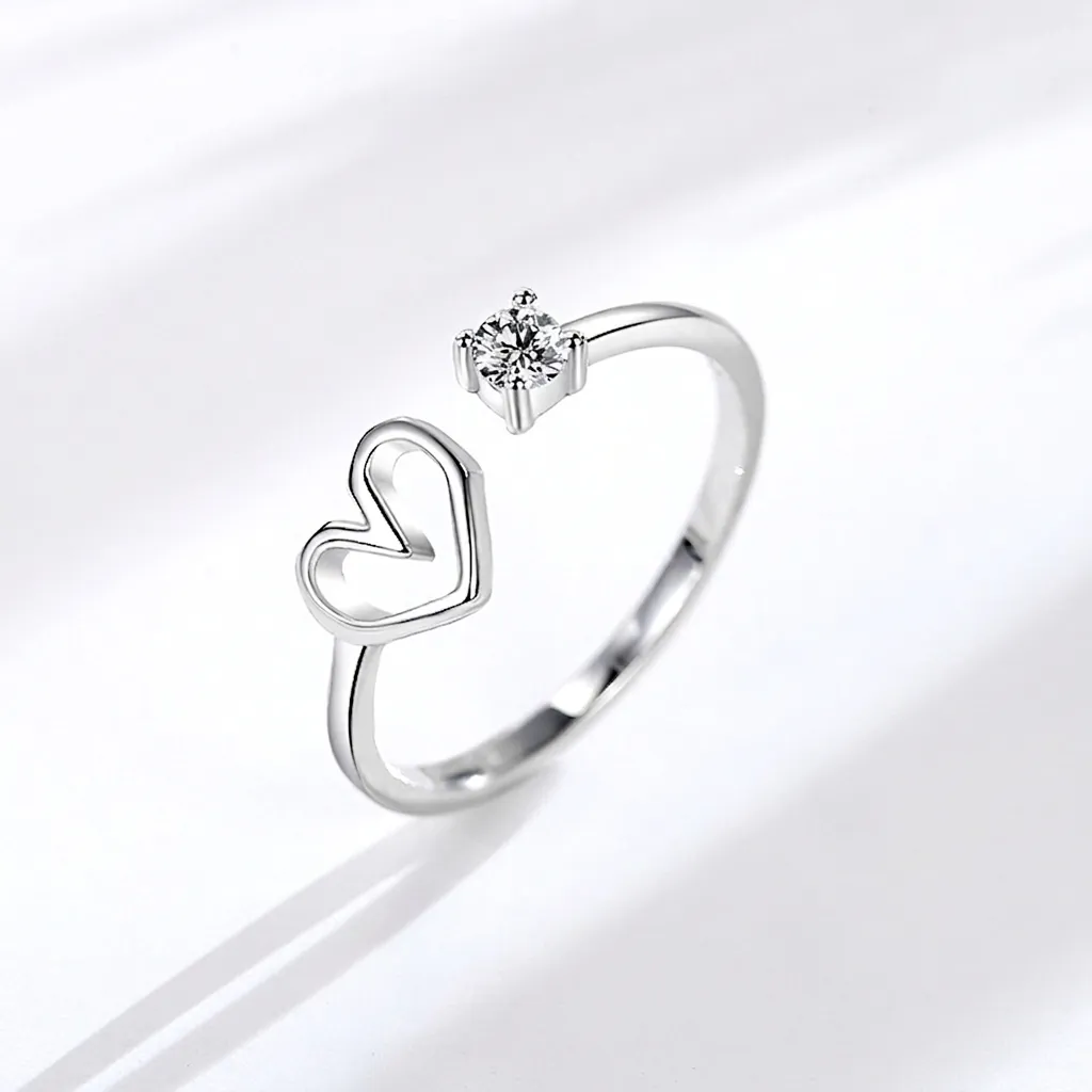 S925 Sterling Silver Hollow Heart Open Ring For Women Adjustable Geometric Zirconia Finger Ring Korean Style Jewelry Gift