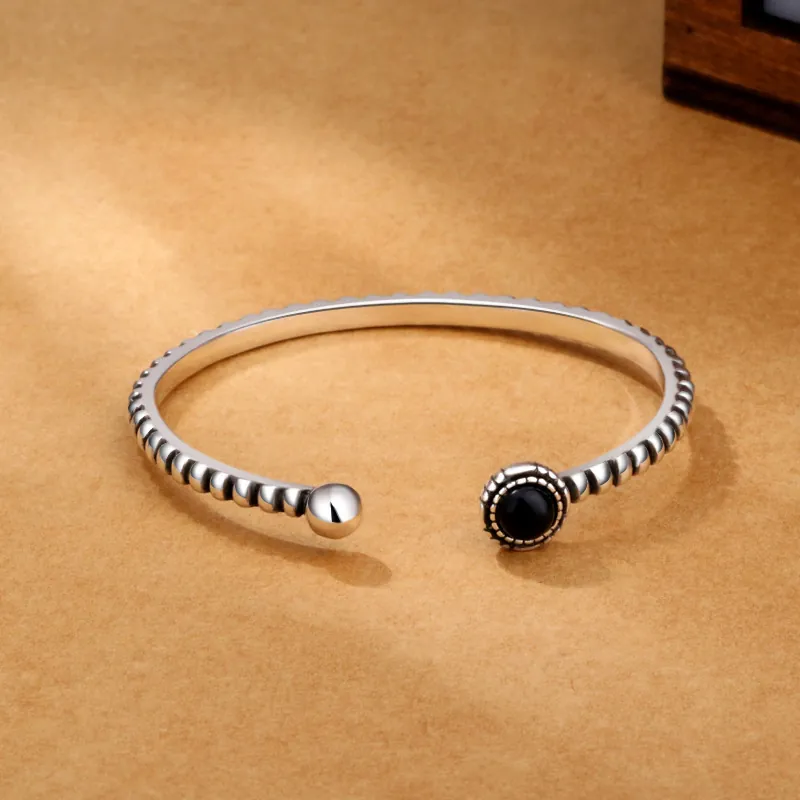 Retro Black Agate Round Open Cuff Bracelet For Women Vintage Silver Plated Copper Adjustable Bangle Jewelry Accessories Gift
