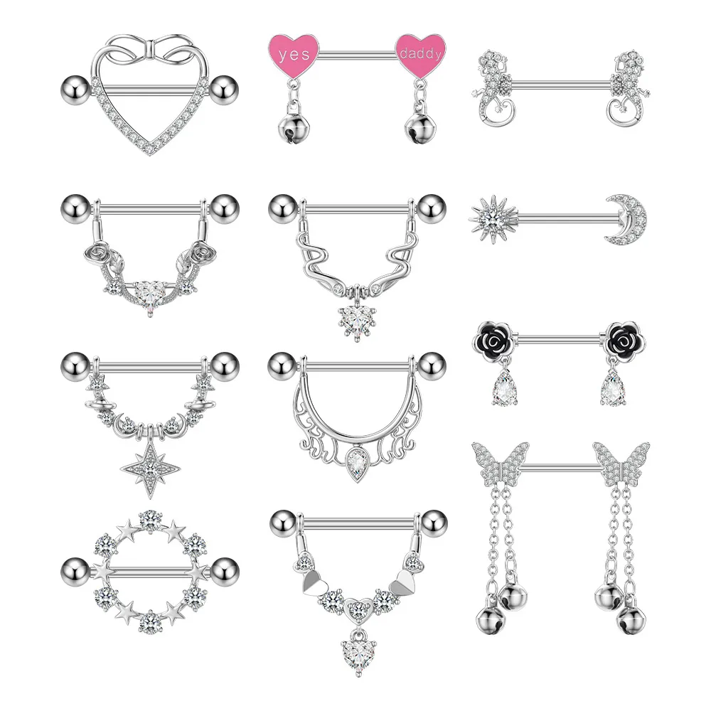 Stainless Steel Zircon Nipple Rings Heart Rose Butterfly Star Moon Pendant Piercing Jewelry Nipple Barbells For Women