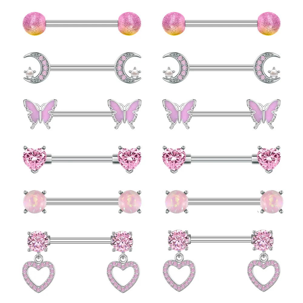 Stainless Steel Pink Zircon Heart Moon Butterfly Nipple Ring Barbells For Women Body Piercing Decorative Jewelry Accessories