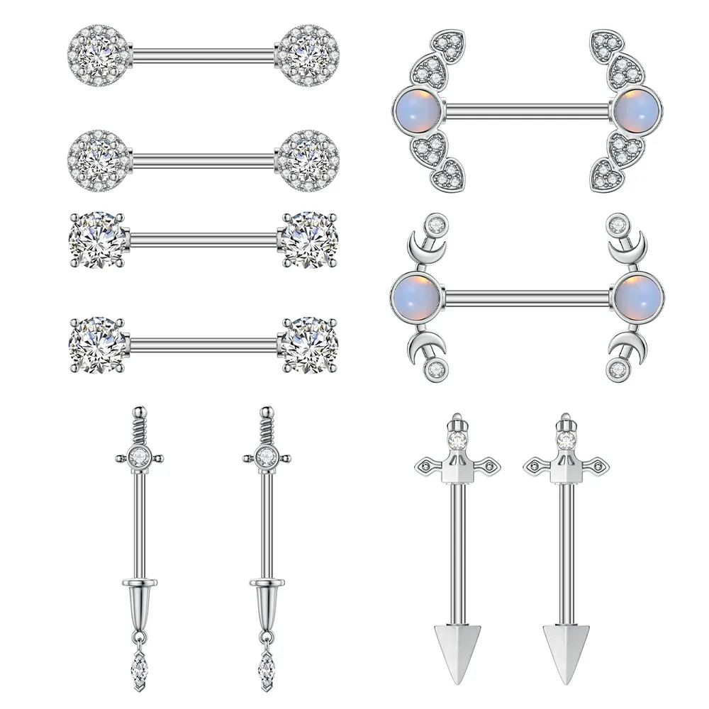 Barras de Pezón de Acero Inoxidable para Mujer Joyería de Perforación de Zirconia Ópalo Sintético Forma de Corazón Luna Espada