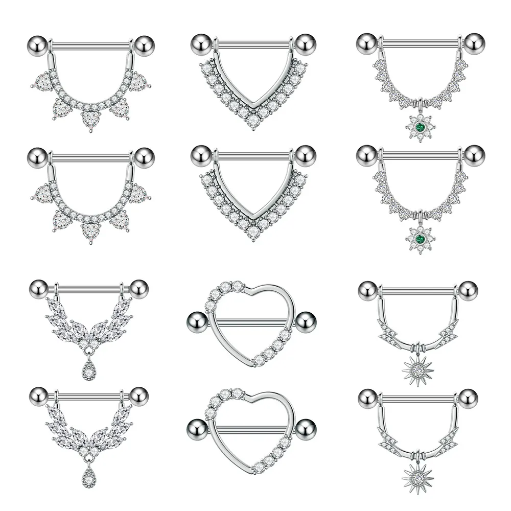 Copper Zirconia Nipple Rings For Women Silver Heart Sun Lightning Star Pendant Piercing Jewelry Barbell Body Piercing