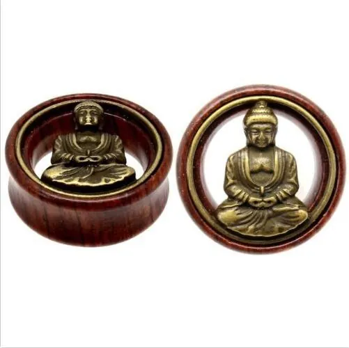 Vintage Wood Buddha Ear Plugs Gauges Ethnic Zen Style Wood Alloy Inlaid Earring Body Piercing Jewelry For Men Women