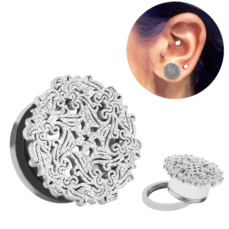 Stainless Steel Hollow Mandala Ear Tunnel Plug Vintage Frosted Screw Fit Ear Expander Body Piercing Jewelry For Women Men