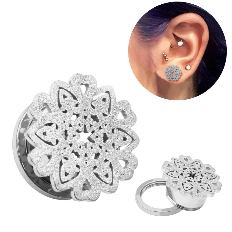 Écarteurs d'Oreille en Acier Inoxydable Fleur de Mandala Creuse Piercing Corporel Givré Bijoux Pour Hommes Femmes Élargisseur