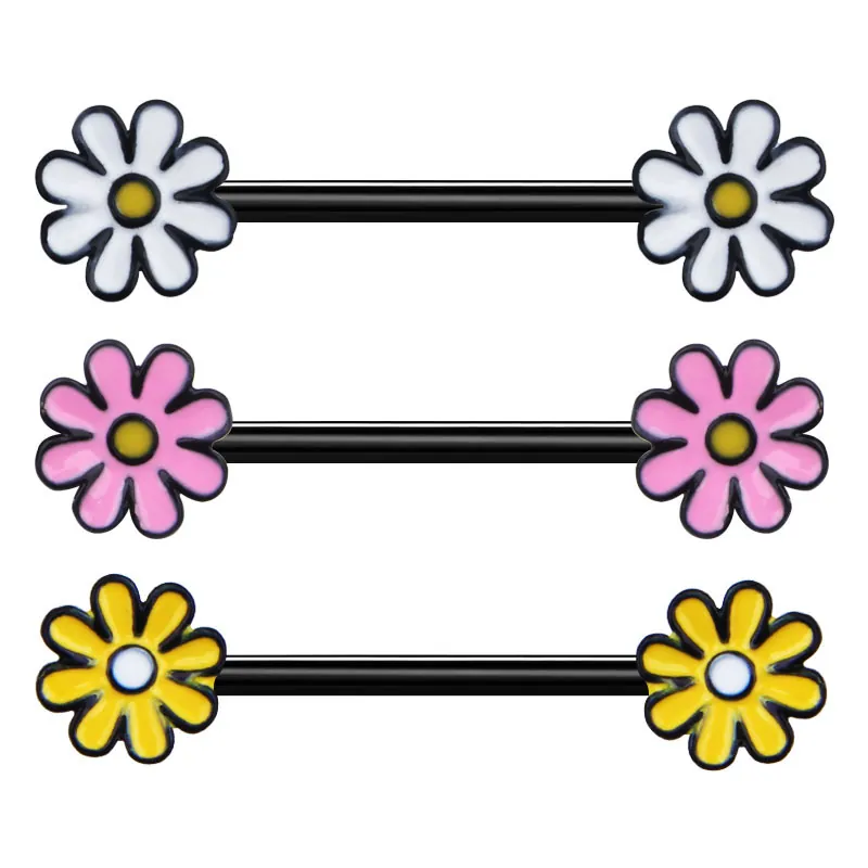 Stainless Steel Daisy Flower Nipple Ring Black Barbell Piercing Jewelry Enamel Flower Body Piercing Jewelry For Women Girls