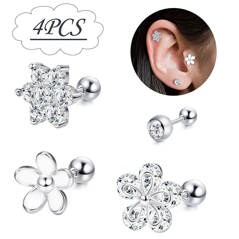 Copper Zirconia Flower Star Stud Earrings Enamel Daisy Barbell Piercing Jewelry Silver Color Helix Tragus Ear Cartilage Piercing Accessory For Women