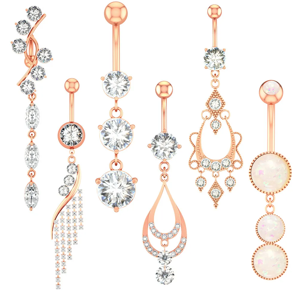 Stainless Steel Zirconia Dangle Belly Button Ring For Women Rose Gold Silver Fashion Body Piercing Jewelry Navel Ring Gift