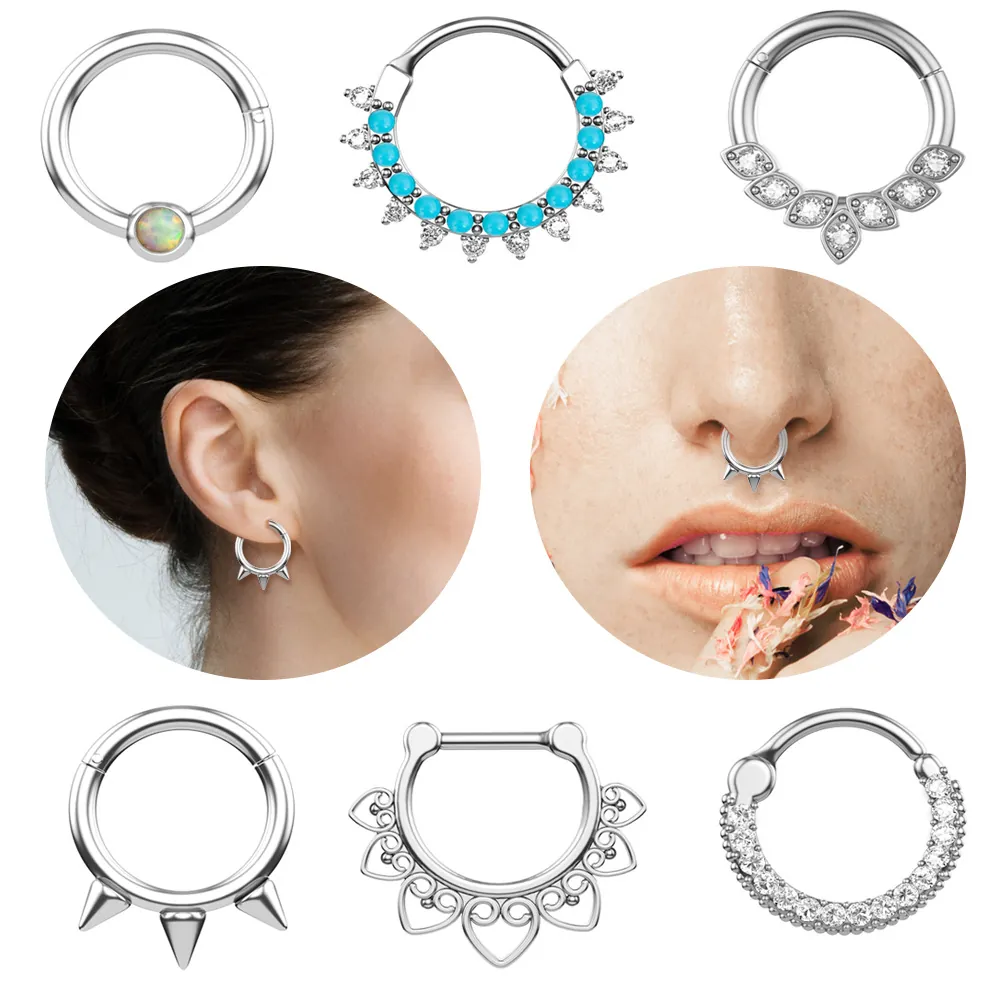 Stainless Steel Zircon Opal Nose Ring Stud Earring For Women Men Punk Bohemian Body Piercing Jewelry Hinge Clicker