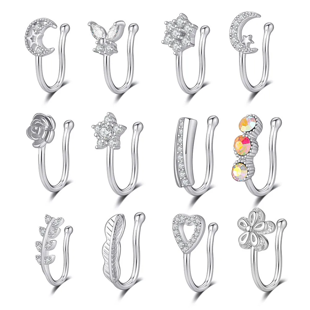 Pince à Nez en Zircone Sans Piercing Faux Anneau de Nez Cuivre Plaqué Or Argent Étoile Lune Fleur Papillon Feuille Bijoux pour Femmes
