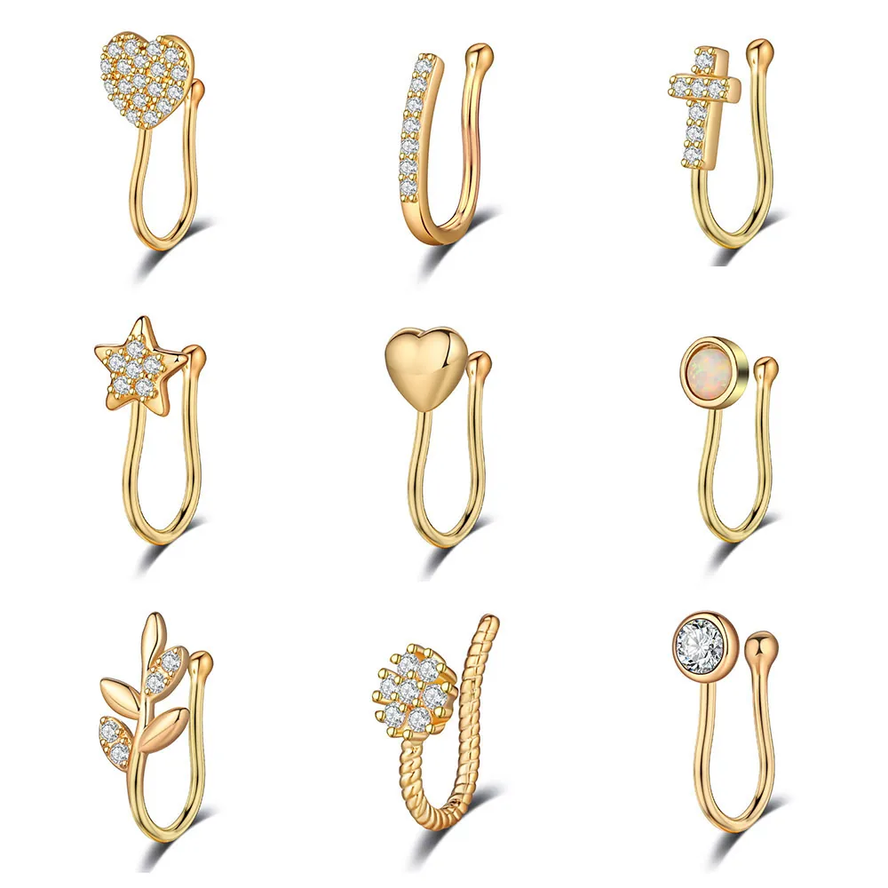 Anello Nasale a Clip in Rame con Zirconi Cuore Croce Stella Foglia Oro Argento Oro Rosa Finto Piercing Nasale per Donna Gioielli