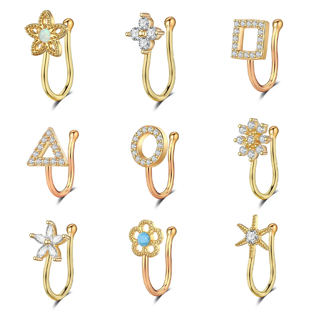 Fake Nose Ring Copper Zirconia Nose Clip Non-Piercing U-Shaped Geometric Flower Star Women Fashion Jewelry Gold Silver Plated Nose Piercing Jewelry