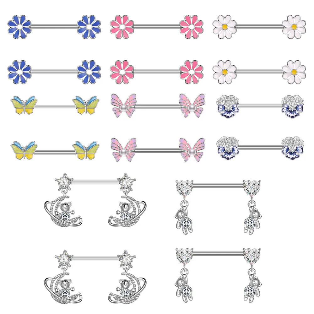 Stainless Steel Nipple Rings For Women Zirconia Butterfly Daisy Enamel Heart Bear Pendant Body Piercing Jewelry
