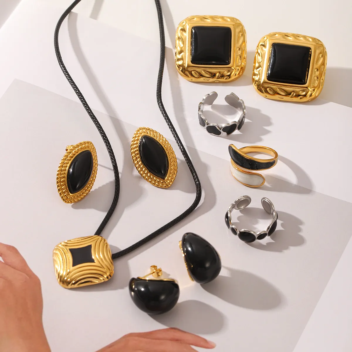 Vintage Stainless Steel Jewelry Set For Women Gold Plated Enamel Geometric Earrings Pendant Necklace Adjustable Open Ring