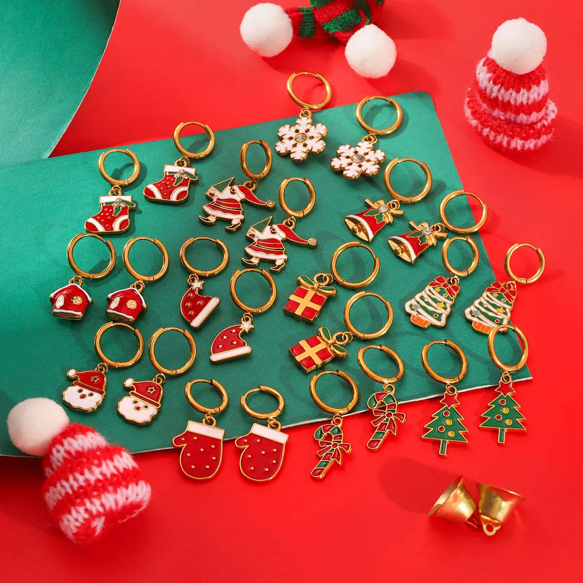 Christmas Stainless Steel Earrings 18K Gold Plated Enamel Santa Claus Tree Snowflake Drop Earrings For Women Holiday Jewelry
