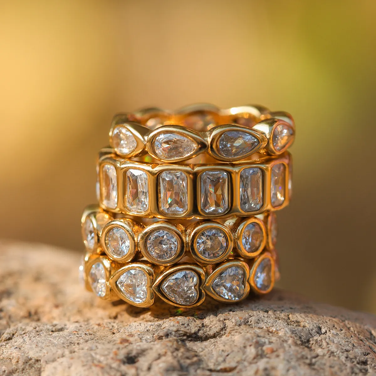 Luxury 18K Gold Plated Stainless Steel Zircon Ring Collection For Women Vintage Heart Round Rectangular Pear Cut Inlaid Jewelry Finger Ring Gift