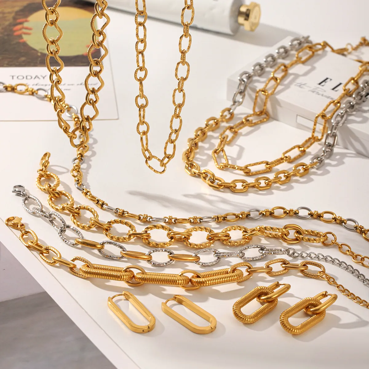 Moderne Roestvrij Stalen Geometrische Ketting Halsketting Armband Oorbellen Set Goud Zilver Tweekleurig Minimalistische Sieraden Voor Dames Feest Dagelijks