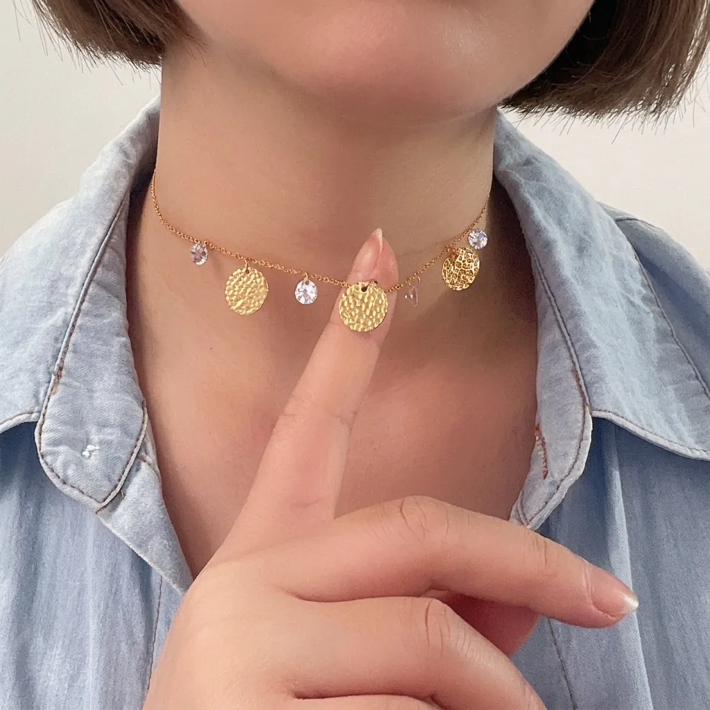 Fashion 316 Stainless Steel Necklace With Gold Plated Hammered Disc Pendants And AAA Zircon For Women Minimalist Jewelry