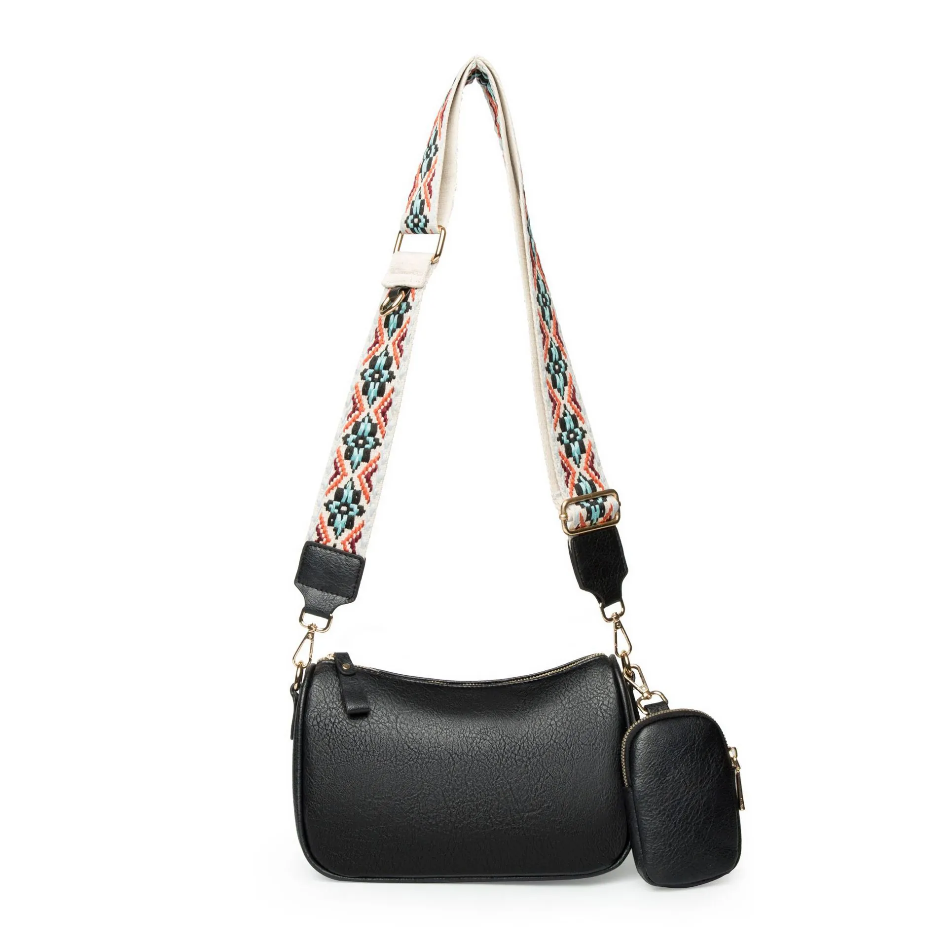 Women Litchi Texture PU Leather Crossbody Bag With Ethnic Wide Strap And Mini Coin Purse For Daily Use Travel Fashion