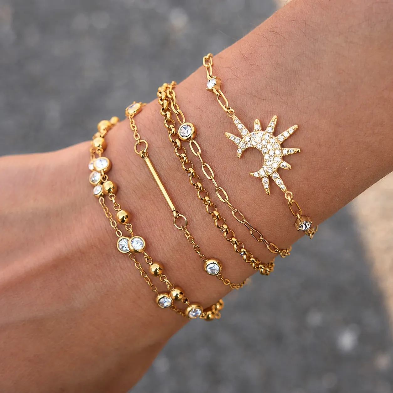 316 Stainless Steel Zirconia Stackable Bracelet For Women Gold Plated Tarnish Free Geometric Sun Moon Luxury Jewelry Gift