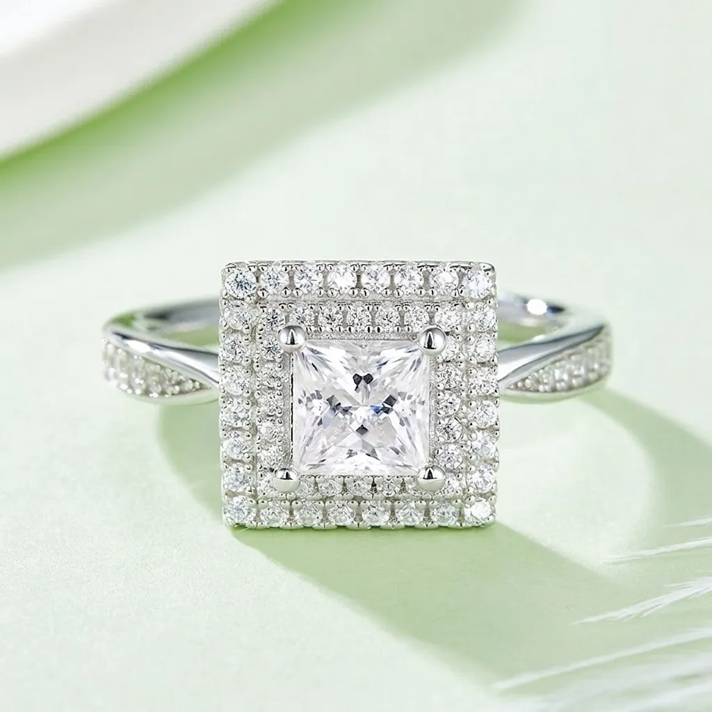 Lussuoso Anello in Moissanite Taglio Princess Argento Sterling 925 Doppio Halo Anello di Fidanzamento Matrimonio per Donna Gioielli