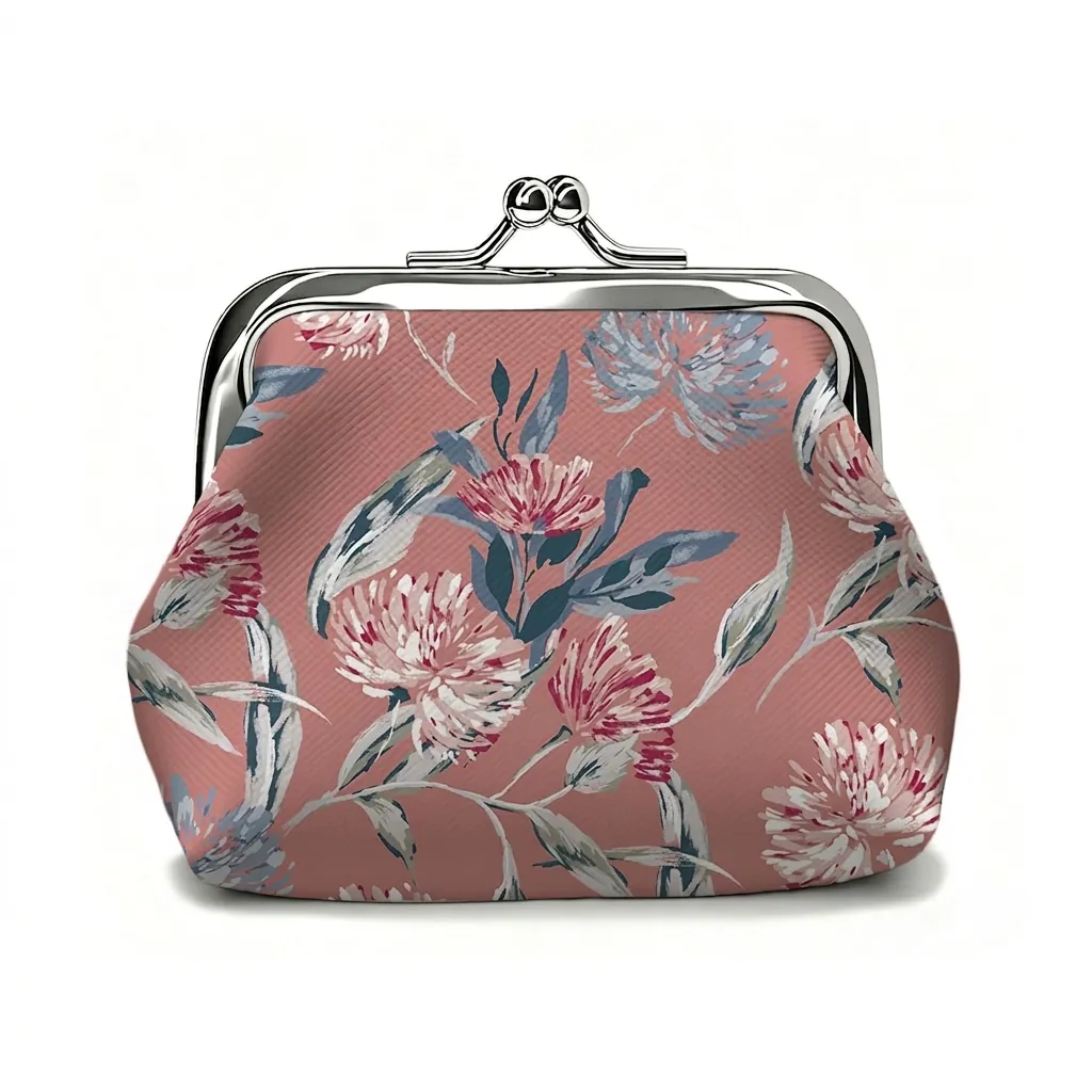 Floral Print Coin Purse PU Leather Vintage Kiss Lock Metal Frame Mini Wallet For Girls Students