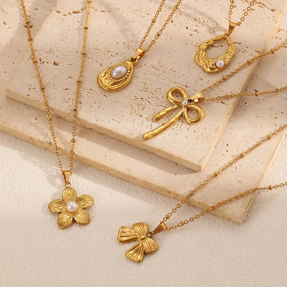 18K Gold Plated Stainless Steel Artificial Pearl Pendant Necklace For Women Vintage Bowknot Flower Teardrop Charm Jewelry Gift