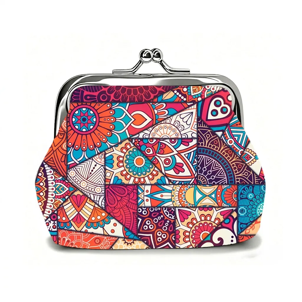 Bohemian Ethnic Mandala Pattern PU Leather Coin Purse With Metal Kiss-Lock Buckle For Women Kids