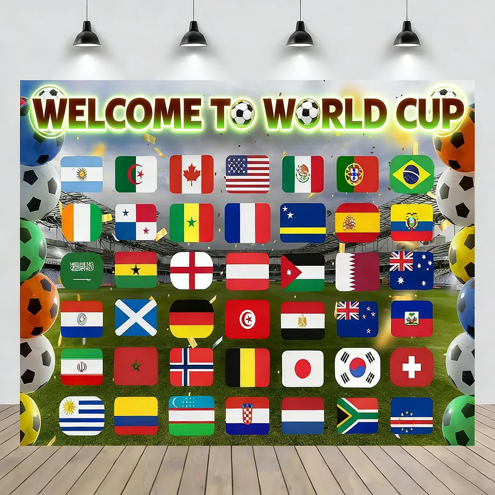 Vibrant World Cup Theme Photography Backdrop Polyester Football Tournament Party Decoration Backdrop National Flag Stadium Design