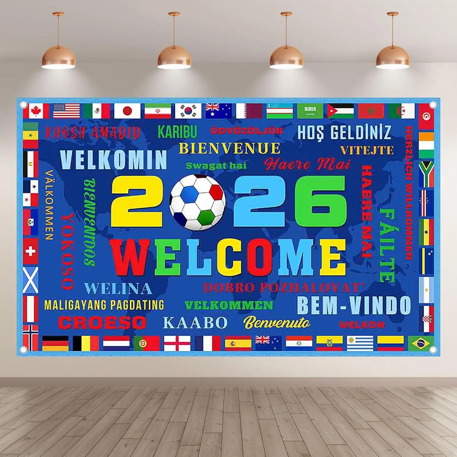Sfondo Fotografico Campionato di Calcio 2026 in Poliestere 100D Mappa del Mondo Banner di Benvenuto Calendario Partite Decorazione per Festa Sportiva
