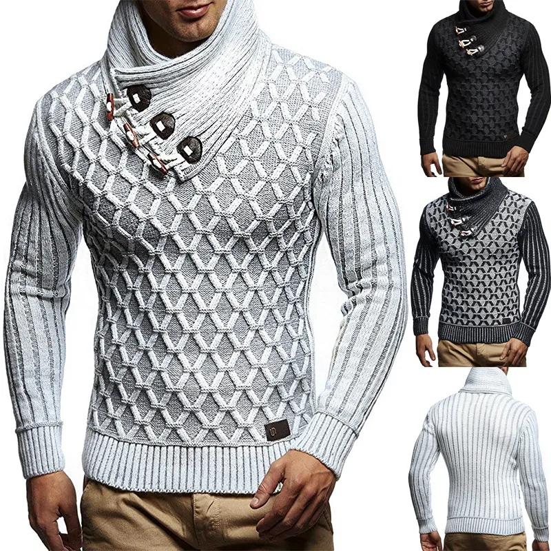 Men High Neck Knit Sweater Toggle Button Pullover Diamond Texture Long Sleeve Thick Casual Winter Warm Tops Men Clothing