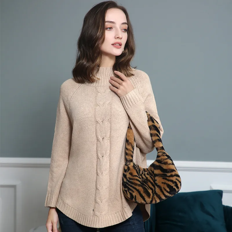 Women Loose Cable Knit Turtleneck Sweater Casual Long Sleeve Solid Color Pullover Warm Batwing Knitwear Top For Autumn Winter
