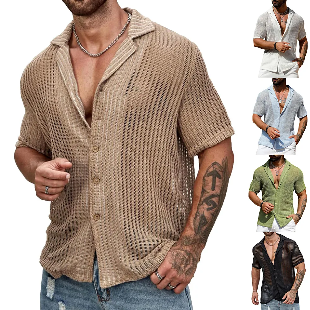 Men Knitted Shirt Polyester Hollow Out Short Sleeve Button Up Turn Down Collar Breathable Casual Summer Beach Top