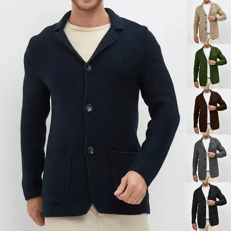 Homme Cardigan en Tricot Décontracté Pull Veste 100% Acrylique Revers Col de Costume Trois Boutons Couleur Unie Vêtements d'Extérieur pour Hommes