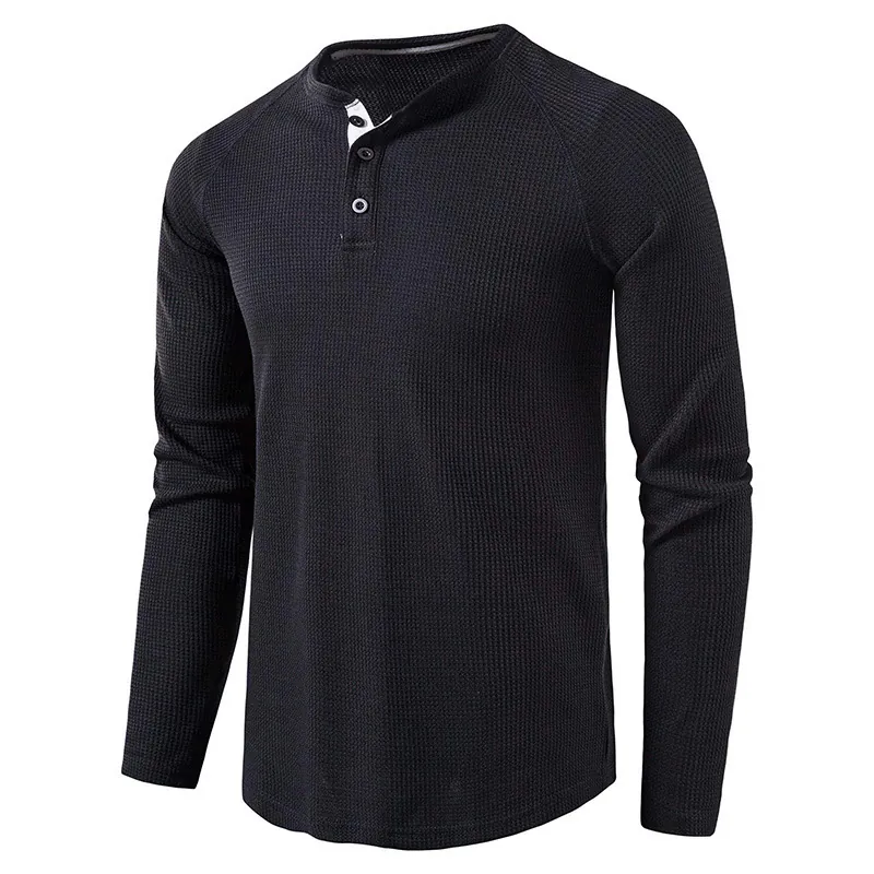 Men's Waffle Knit Henley Shirt Long Sleeve Casual Solid Color Button Placket Top For Autumn Winter Comfort Fashion Apparel
