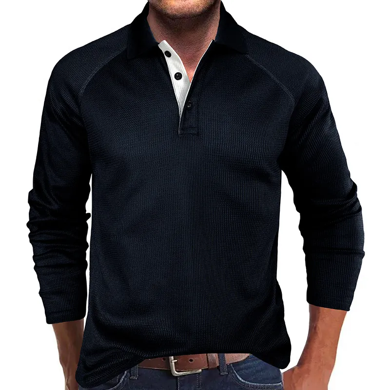 Men's Long Sleeve Polo Shirt Waffle Knit Raglan Sleeves Contrast Collar Breathable Casual Tops Regular Fit Solid Color Pullover